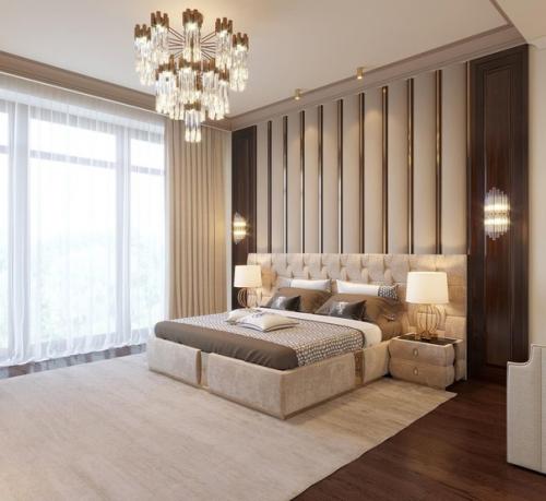 Спальня Кофе с Молоком, интерьер которой выполнен на контрасте тёмно-коричневого и светлого бежевого цвета. 04