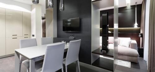 Современный интерьер кухни, объединенной с гостиной. 03