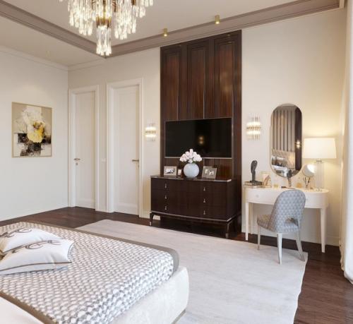 Спальня Кофе с Молоком, интерьер которой выполнен на контрасте тёмно-коричневого и светлого бежевого цвета. 01