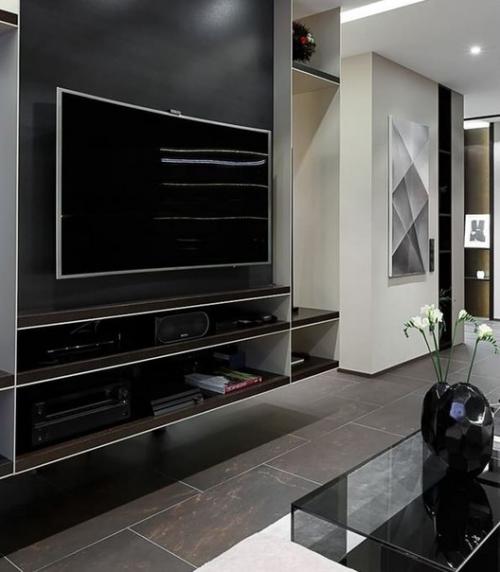 Современный интерьер кухни, объединенной с гостиной. 07