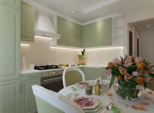 Фисташковый цвет в интерьере кухни. 04