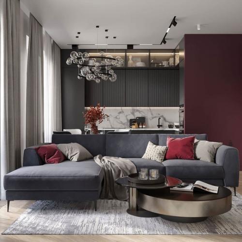 Кухня - гостиная. На кухонных фасадах темно-серого цвета не будут оставаться отпечатки пальцев, благодаря специальному покрытию. 01