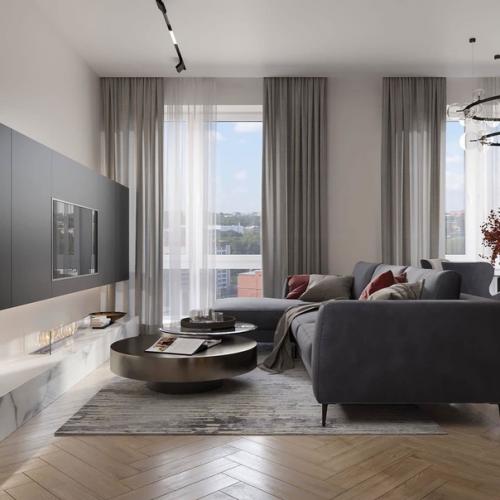 Кухня - гостиная. На кухонных фасадах темно-серого цвета не будут оставаться отпечатки пальцев, благодаря специальному покрытию. 06