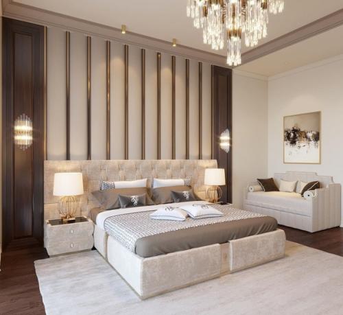 Спальня Кофе с Молоком, интерьер которой выполнен на контрасте тёмно-коричневого и светлого бежевого цвета. 02