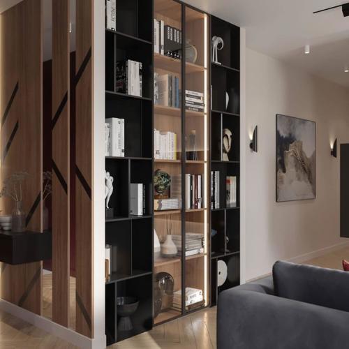 Кухня - гостиная. На кухонных фасадах темно-серого цвета не будут оставаться отпечатки пальцев, благодаря специальному покрытию. 07