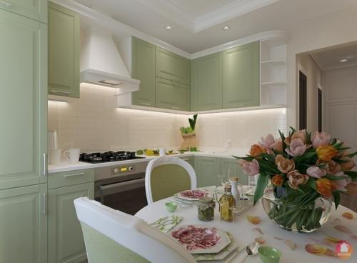 Салатовая кухня в классическом стиле. 01