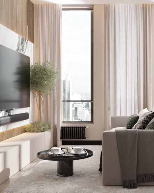 Минималистичный, уютный обволакивающий интерьер кухни - гостиной. 03