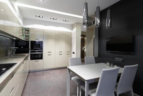 Современный интерьер кухни, объединенной с гостиной. 04