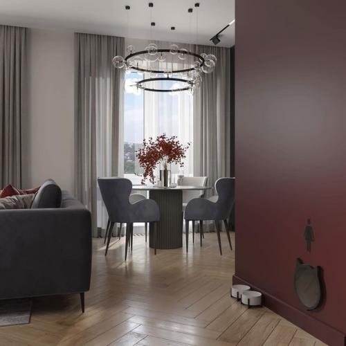 Кухня - гостиная. На кухонных фасадах темно-серого цвета не будут оставаться отпечатки пальцев, благодаря специальному покрытию. 04