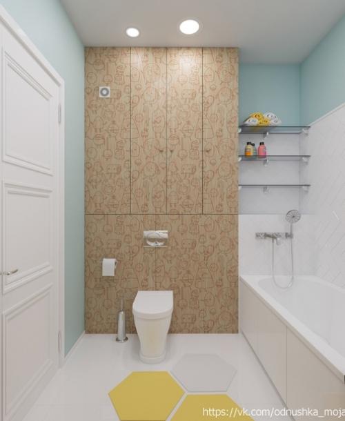 Интерьер небольшой квартиры - студии, оформленной в эко - стиле с элементами лофта, с яркими конфетными акцентами. 09