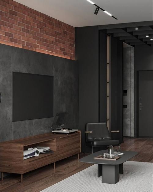 Интерьер кухни гостиной в стиле лофт, площадь помещения 30 кв. 02