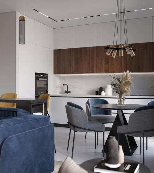 Кухня - гостиная в современном стиле с мягкими и тёплыми тонами, то что нужно для уютных вечеров дома. 01