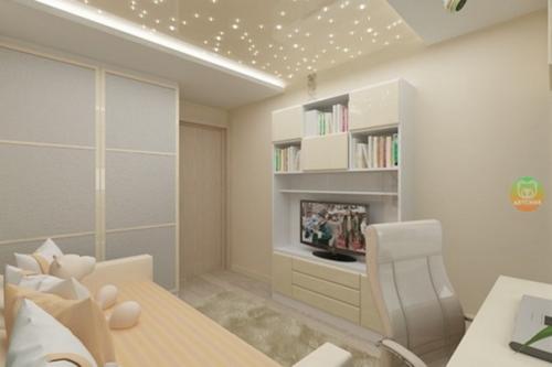 Нежный персиковый интерьер детской комнаты со Звездным Небом на потолке. 02