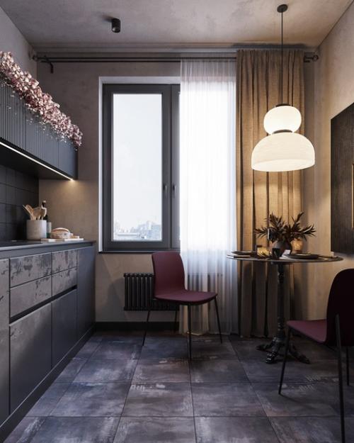 Черная кухня, отделка под бетон и металл, розовые акценты: однушка, способная поразить. 02