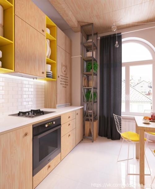 Интерьер небольшой квартиры - студии, оформленной в эко - стиле с элементами лофта, с яркими конфетными акцентами. 02