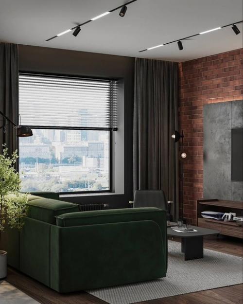 Интерьер кухни гостиной в стиле лофт, площадь помещения 30 кв. 05