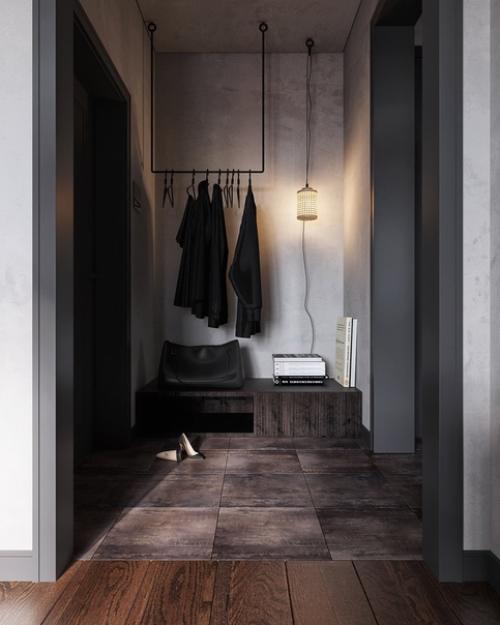 Черная кухня, отделка под бетон и металл, розовые акценты: однушка, способная поразить. 09