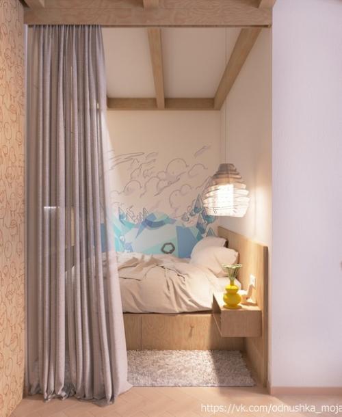 Интерьер небольшой квартиры - студии, оформленной в эко - стиле с элементами лофта, с яркими конфетными акцентами. 07