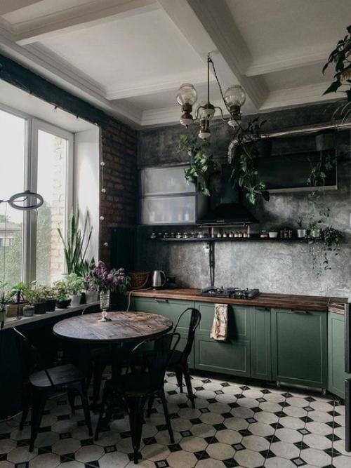 Темно-зеленый + растения + черный - очень необычный вариант для дизайна кухни. 02
