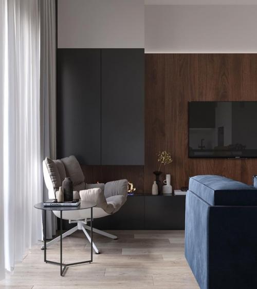 Кухня - гостиная в современном стиле с мягкими и тёплыми тонами, то что нужно для уютных вечеров дома. 04