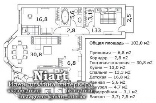 Светлые контрасты.  Интерьер квартиры 102 кв. 06