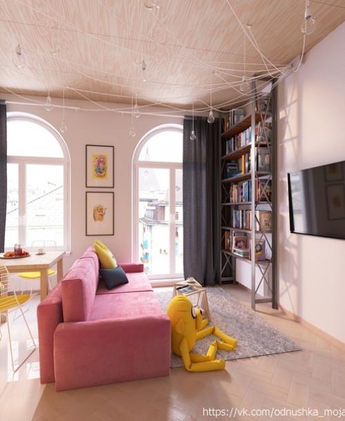 Интерьер небольшой квартиры - студии, оформленной в эко - стиле с элементами лофта, с яркими конфетными акцентами. 03