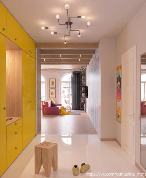 Интерьер небольшой квартиры - студии, оформленной в эко - стиле с элементами лофта, с яркими конфетными акцентами. 05