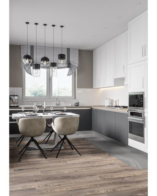 Интерьер кухни и гостиной в сером цвете. 01