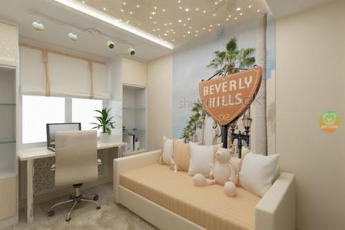 Нежный персиковый интерьер детской комнаты со Звездным Небом на потолке. 01