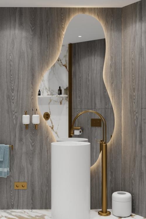 Это зеркало интересной формы превратит вашу ванную комнату в настоящий оазис роскоши и достатка. 02