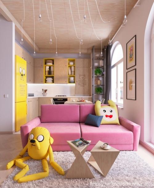 Интерьер небольшой квартиры - студии, оформленной в эко - стиле с элементами лофта, с яркими конфетными акцентами. 01