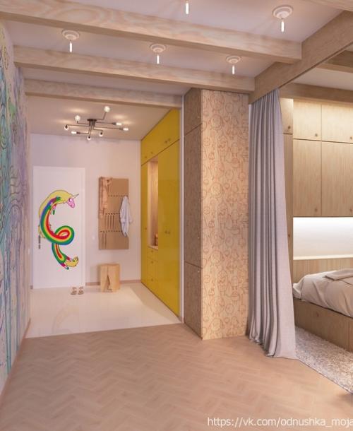 Интерьер небольшой квартиры - студии, оформленной в эко - стиле с элементами лофта, с яркими конфетными акцентами. 06