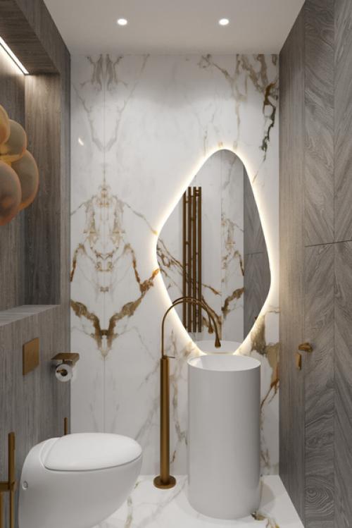 Это зеркало, словно фрагмент абстрактного полотна, привнесет оригинальность и свежесть в дизайн вашей ванной комнаты. 01