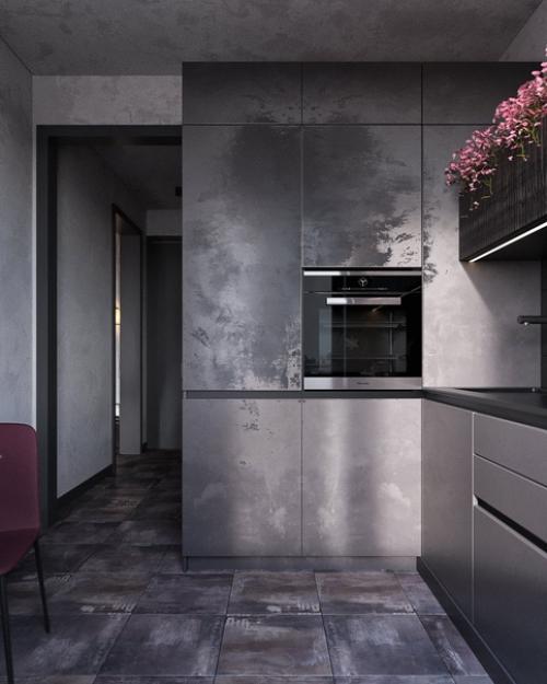 Черная кухня, отделка под бетон и металл, розовые акценты: однушка, способная поразить. 01