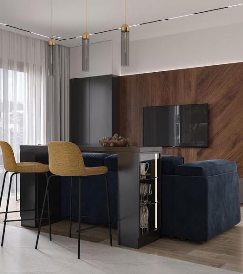 Кухня - гостиная в современном стиле с мягкими и тёплыми тонами, то что нужно для уютных вечеров дома. 02