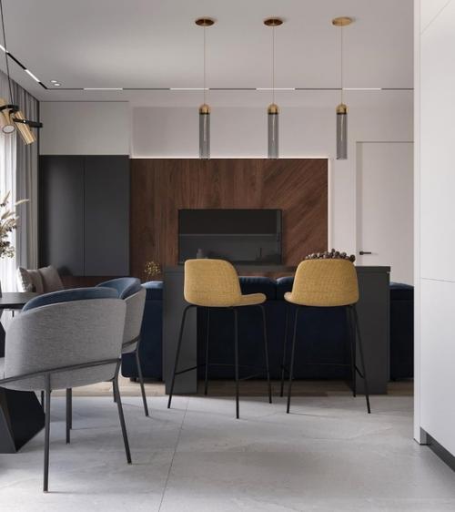 Кухня - гостиная в современном стиле с мягкими и тёплыми тонами, то что нужно для уютных вечеров дома. 08