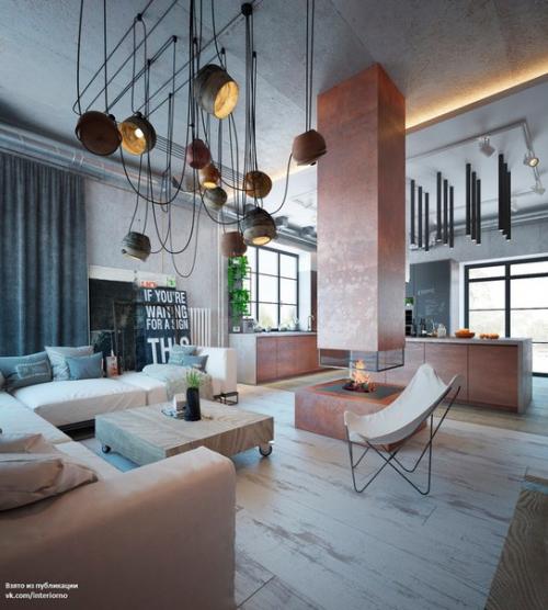 Современный интерьер дома с элементами индустриального дизайна.