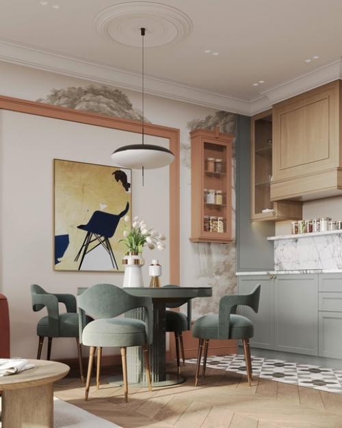 Общее помещение зоны гостиной и кухни погружает в атмосферу домашнего уюта, где каждый предмет интерьера дышит любовью. 03