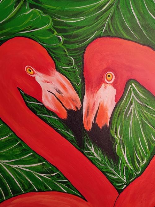 Два Влюбленных Фламинго на Фоне Тропических Листьев. 04
