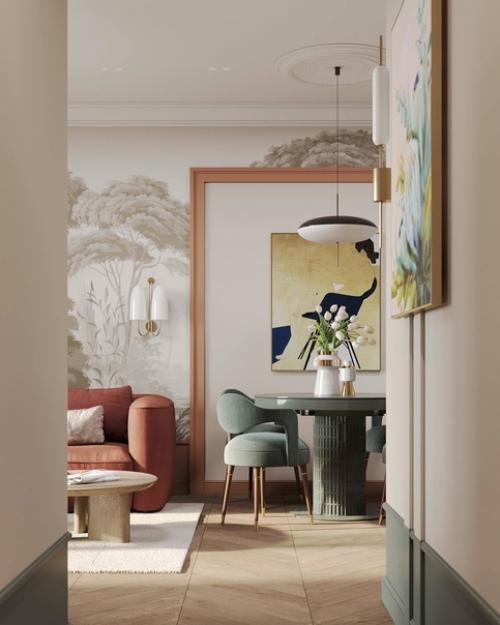 Общее помещение зоны гостиной и кухни погружает в атмосферу домашнего уюта, где каждый предмет интерьера дышит любовью. 08