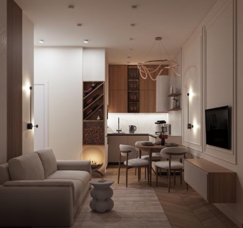 Утвержденная концепция очаровательной кухни - гостиной из нашего нового проекта 2-х комнатной квартиры в ЖК Беларт для творческой семьи. 06