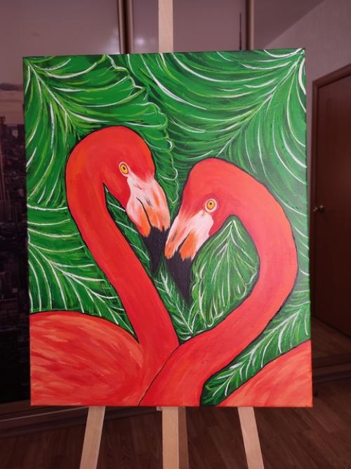 Два Влюбленных Фламинго на Фоне Тропических Листьев. 03