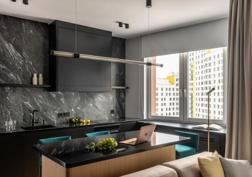 Современный интерьер квартиры - студии 35, 4 м 2 (с учетом лоджии) в ЖК румянцево - парк в Москве. 01