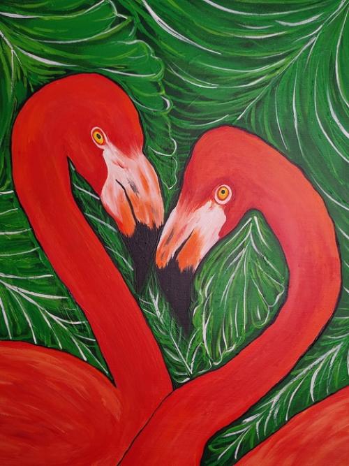 Два Влюбленных Фламинго на Фоне Тропических Листьев. 01