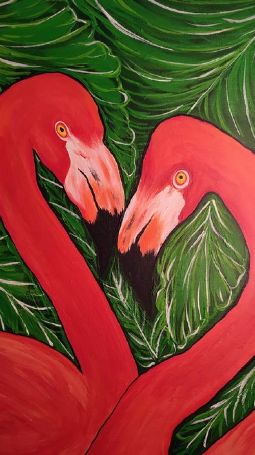 Два Влюбленных Фламинго на Фоне Тропических Листьев. 02