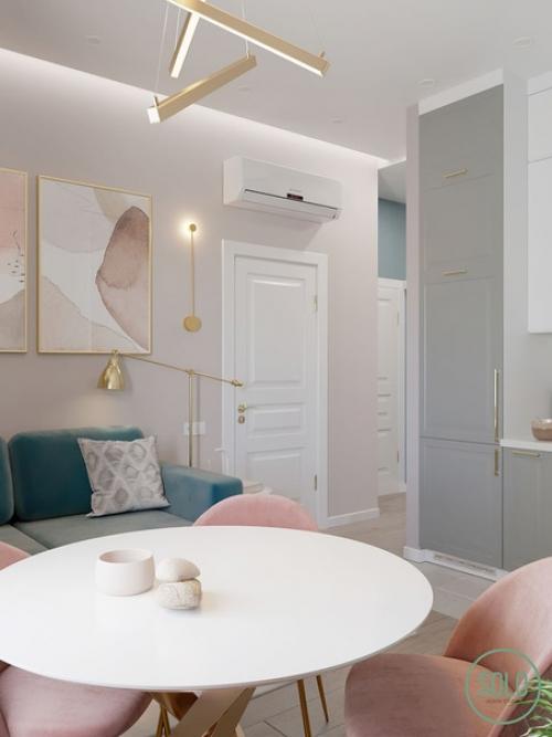 Нежный интерьер кухни - гостиной в современном стиле. 05