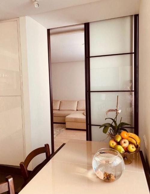 Кухня и гостиная, разделенные раздвижными дверьми. 01