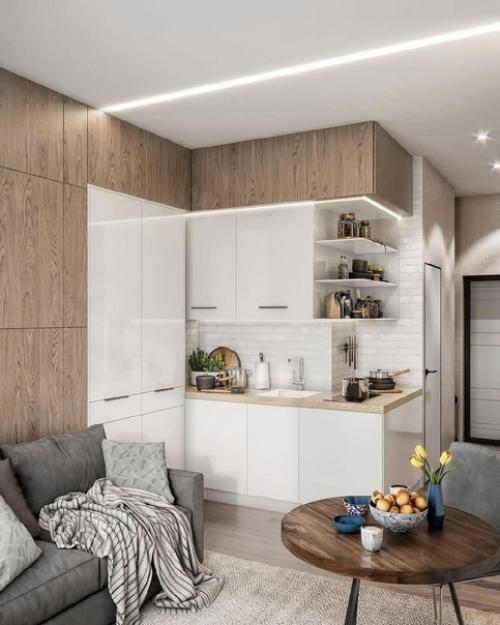 Интересное расположение кухни в студии и диван - кровать в таком маленьком пространстве единственное верное решение. 03