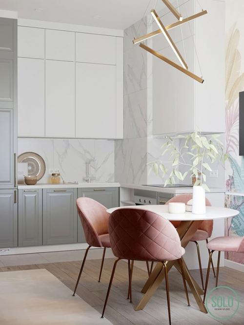 Нежный интерьер кухни - гостиной в современном стиле. 01