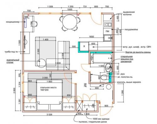 Современный интерьер 1-комнатной квартира для молодого человека. 09